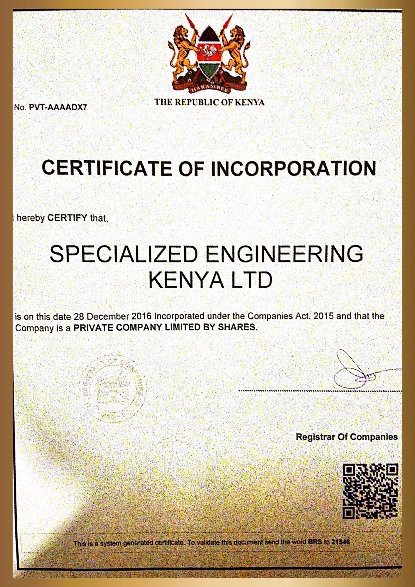 Certificate of Incorporation document